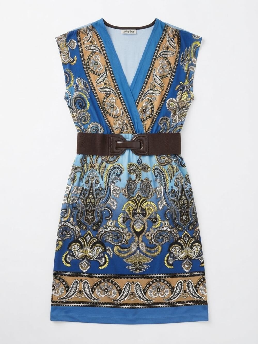 Bailey Blue Women M Blue Paisley Dress V-Neck Cap Sleeve Belted Bohemian Career